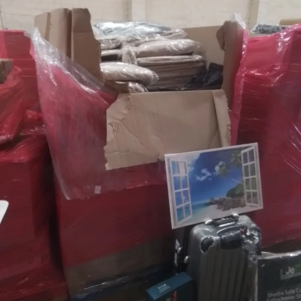 PALLET OF ASSORTED HOUSEHOLD GOODS AND FURNITURE TO INCLUDE; LARGE QUANTITY OF THE HANDMADE SOAP (MENS EDITION), VINGARDEVALISE WINE TRAVEL SUITCASE ETC 