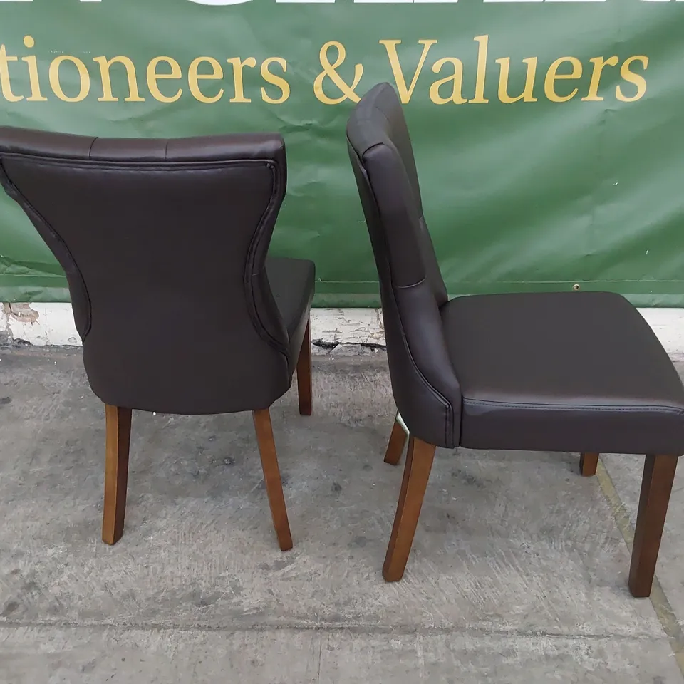 PAIR UPHOLSTERED BUTTONED BACK DINING CHAIRS BROWN PU ON DARK WOOD LEGS 