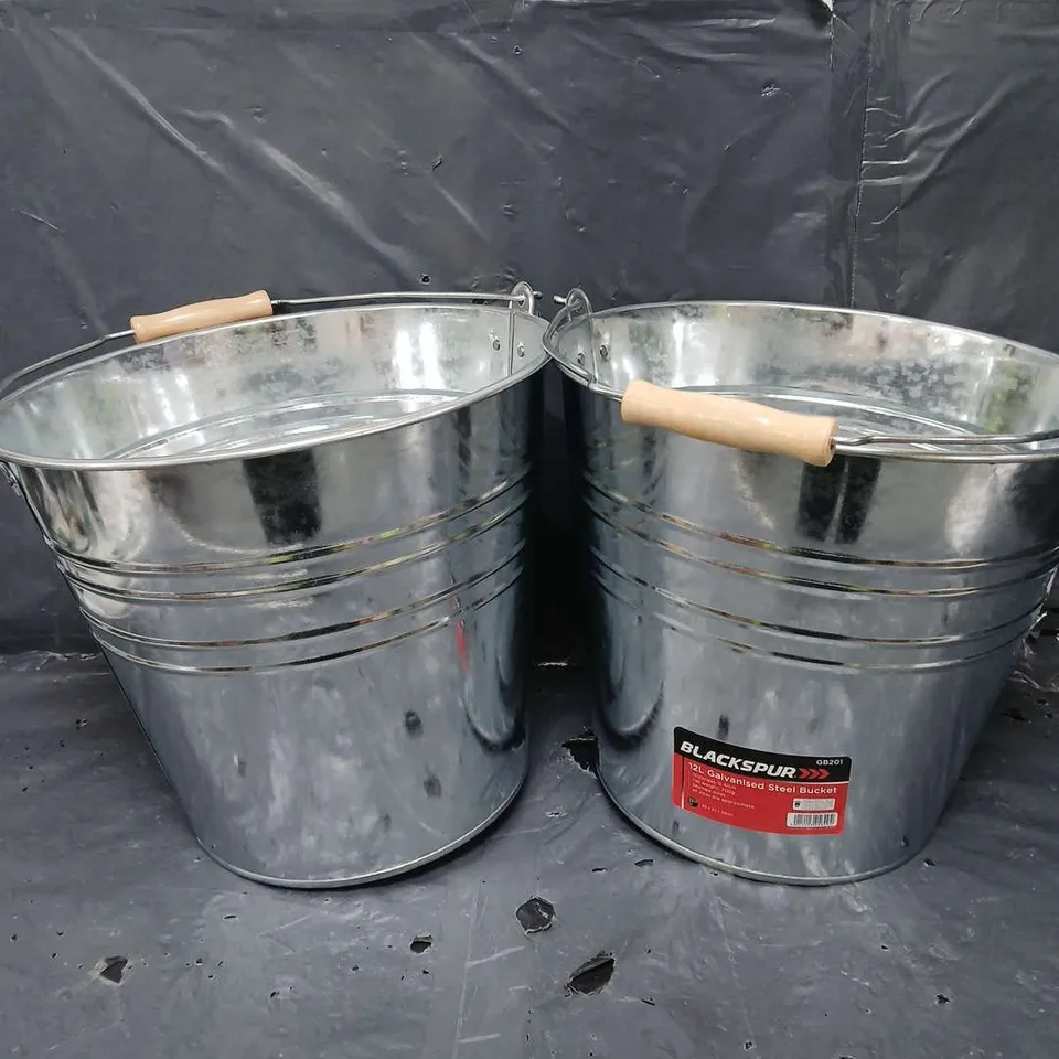 2 X BLACKSPUR 12L GALVANISED STEEL BUCKETS 