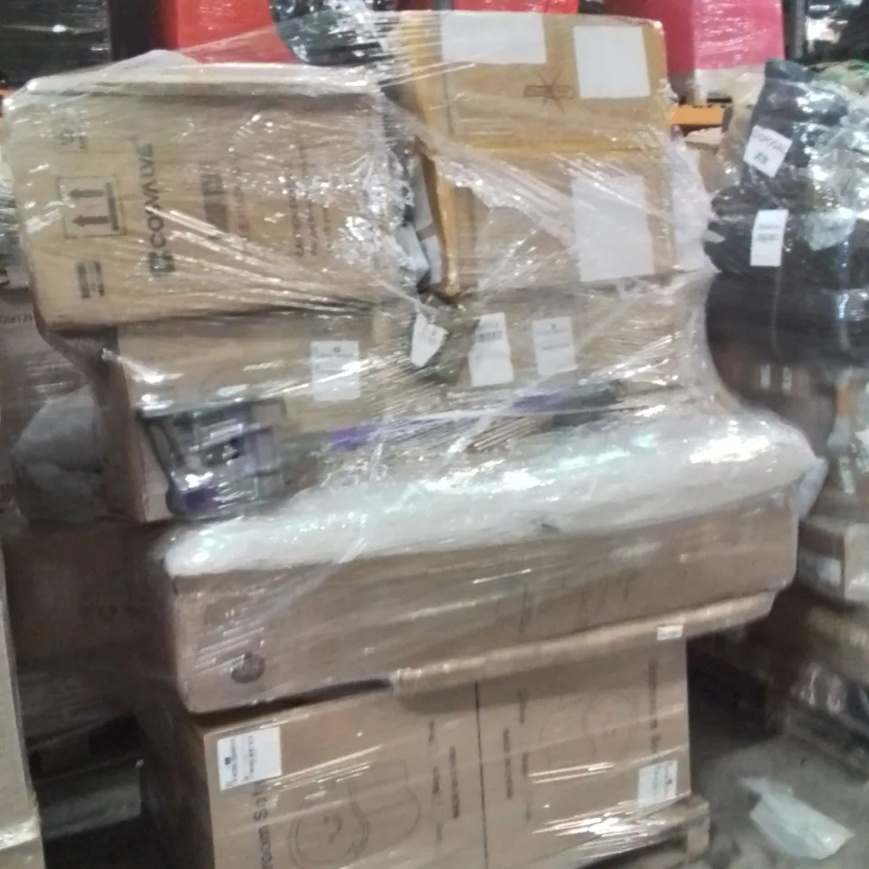 PALLET OF ASSORTED HOUSEHOLD GOODS AND PRODUCTS TO INCLUDE;BATHROOM SOFA,HOOVER,GLUCOSE MONITOR 