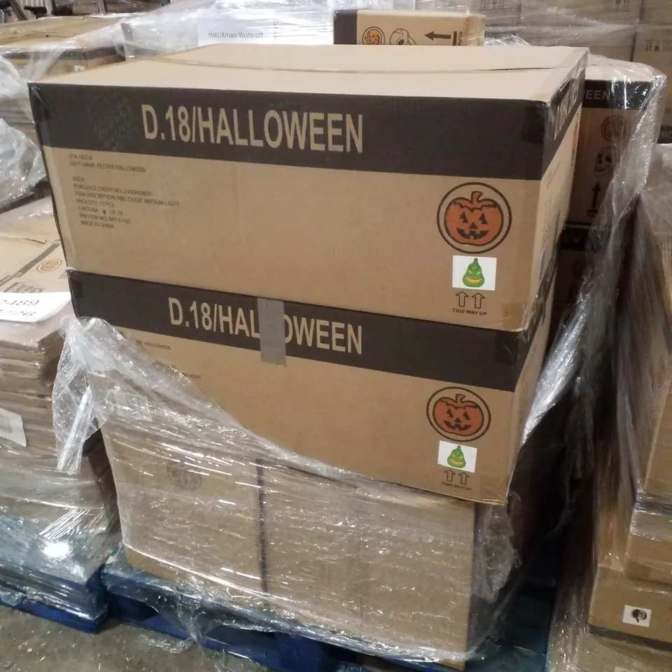 PALLET CONTAINING ASSORTED BRAND NEW HALLOWEEN DECORATIONS INCLUDING FLOCKED BLUE SKULLS, HOCUS POCUS WITCH HATS & OOGIE BOOGIE LIGHT
