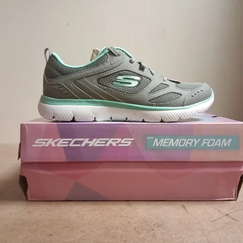 BOXED PAIR OF SKECHERS TRAINERS IN GREY/TURQUOISE SIZE UK 4