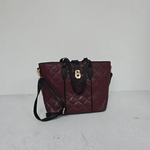 MAROON QUILTED LEATHER HANDBAG WITH BLACK TOP HANDLES AND DETACHABLE SHOULDER STRAP