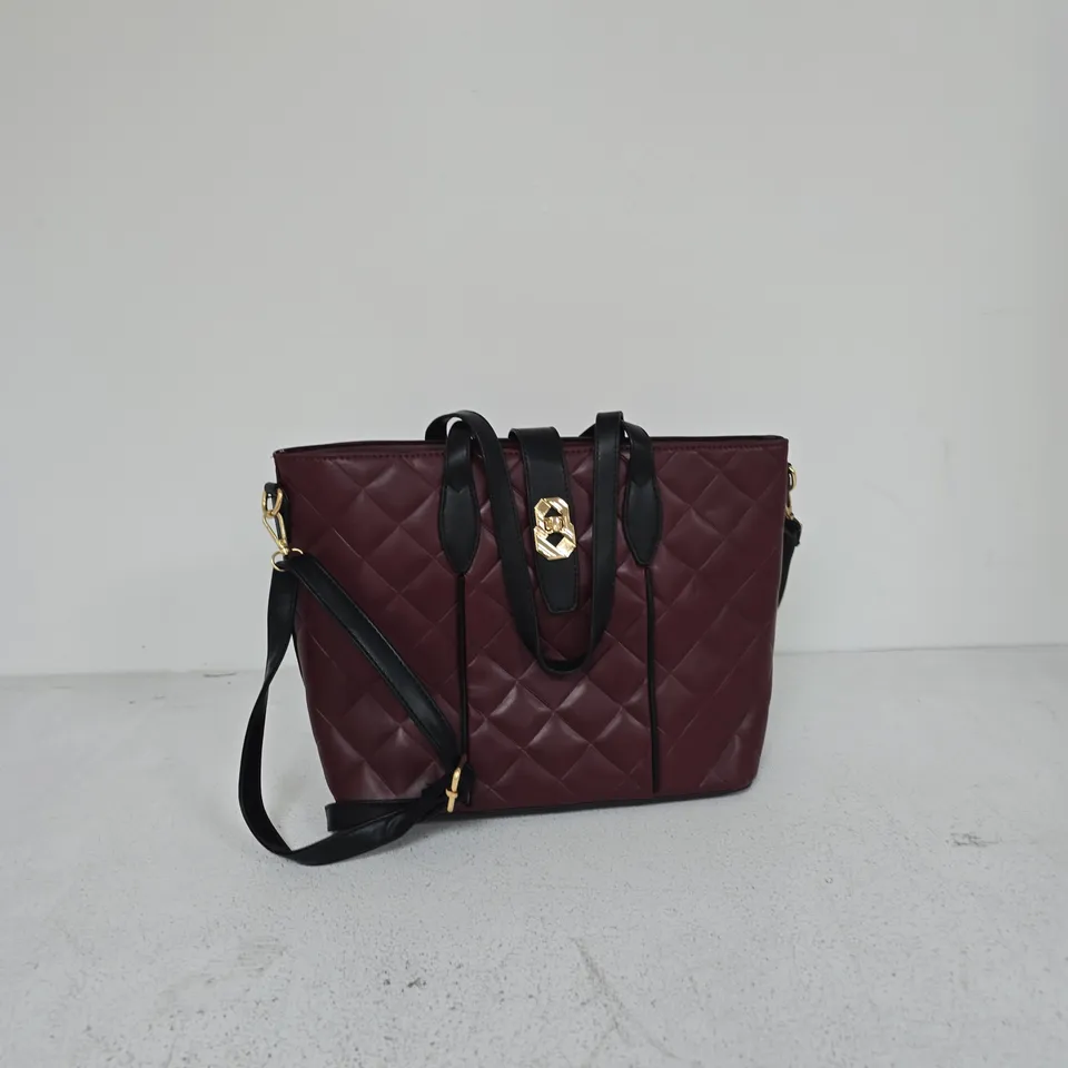 MAROON QUILTED LEATHER HANDBAG WITH BLACK TOP HANDLES AND DETACHABLE SHOULDER STRAP