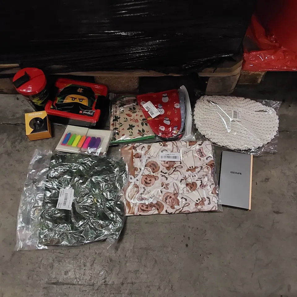 PALLET OF ASSORTED ITEMS INCLUDING: PARTY DECORATIONS, PHONE CASE, LUNCH BOX, LOGO CUP, PHONE MOUNT, PYJAMAS, STICKY NOTES, HANGING WALL BASKET, CHRISTMAS CUP SLEEVES