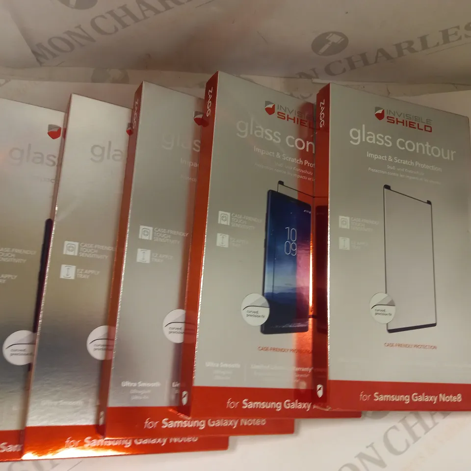 LOT OF APPROXIMATELY 5 ASSORTED INVISIBLE SHIELD GLASS CONTOUR IMPACT & SCRATCH PROTECTION FOR SAMSUNG GALAXY NOTE 8