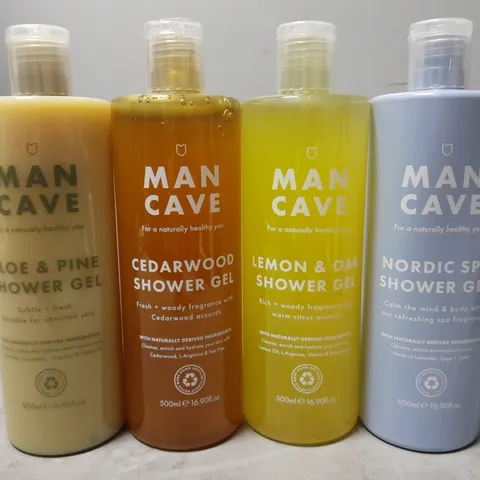 4 X 500ML ASSORTED MAN CAVE SHOWER GELS TO INCLUDE ALOE/PINE, CEDARWOOD, LEMON/OAK, NORDIC SPA 