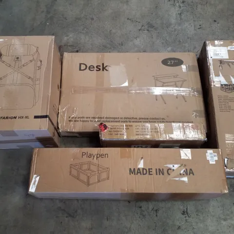 PALLET CONTAINING ASSORTED PRODUCTS INCLUDING OFFICE DESK, SMALL END TABLE, PLAYPEN, CAMPING CHAIR, TARION BACKPACK