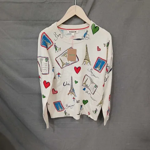 BODEN CREAM KNIT SWEATER WITH PARIS PRINT – WOMEN'S XS
