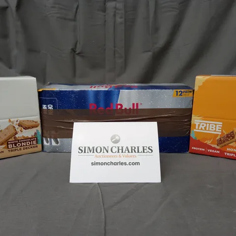 APPROXIMATELY 5 ASSORTED FOOD AND DRINK ITEMS TO INCLUDE RED BULL MULTI PACK, TRIBE PROTEIN BARS, ETC