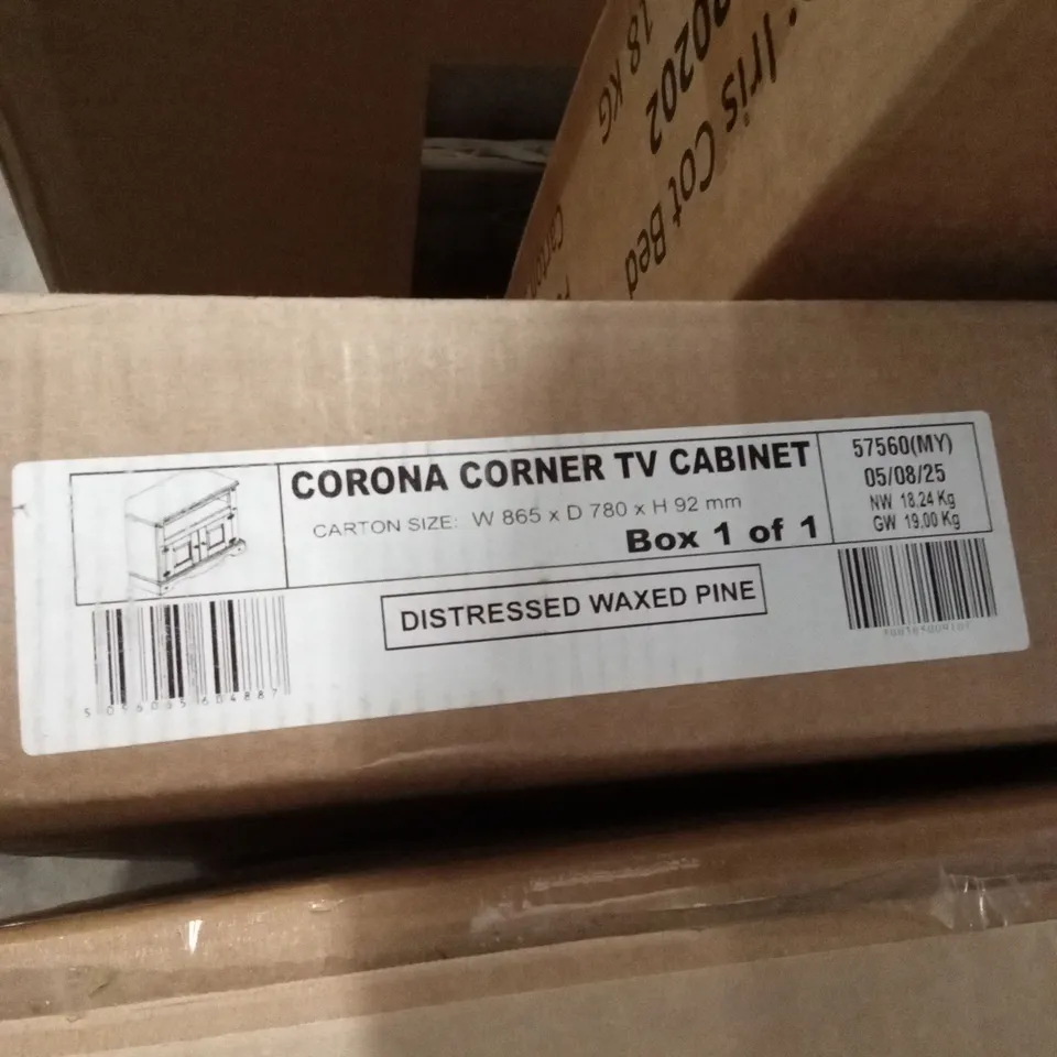 BOXED CORONA CORNER TV CABINET - DISTRESSED WAXED PINE (1 BOX)