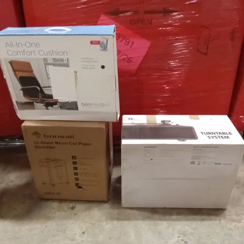 PALLET OF ASSORTED HOUSEHOLD GOODS AND PRODUCTS TO INCLUDE; COMFORT CUSHION, PAPER SHREDDER, TURNTABLE SYSTEM ETC