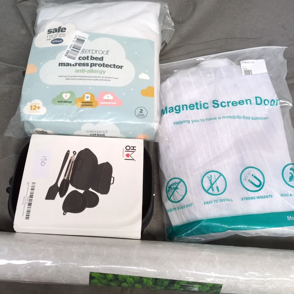 APPROXIMATELY 20 ASSORTED HOUSEHOLD PRODUCTS TO INCLUDE WALLPAPER, COT BED MATTRESS PROTECTOR, MAGNETIC SCREEN DOOR, ETC - COLLECTION ONLY