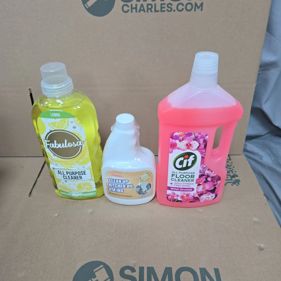 APPROXIMATELY 15 HOUSEHOLD LIQUIDS TO INCLUDE FABULOSA ALL PURPOSE CLEANER, CIF FLOOR CLEANER AND ENMALL CLEAN UP