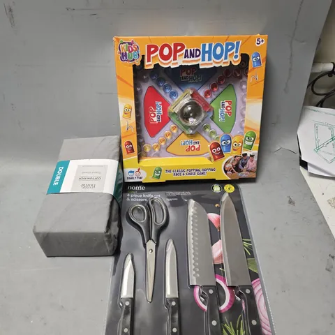 LARGE BOX OF APPROXIMATELY 10 ASSORTED ITEMS TO INCLUDE CUSHIONS, FITTED SHEETS, GAMES AND KNIFE SETS