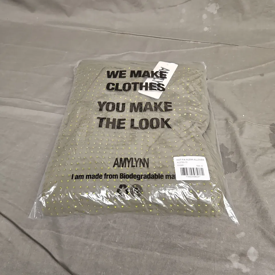 AMYLYNN HOT FIX ALEXA ALLOVER DRESS IN KHAKI SIZE 10
