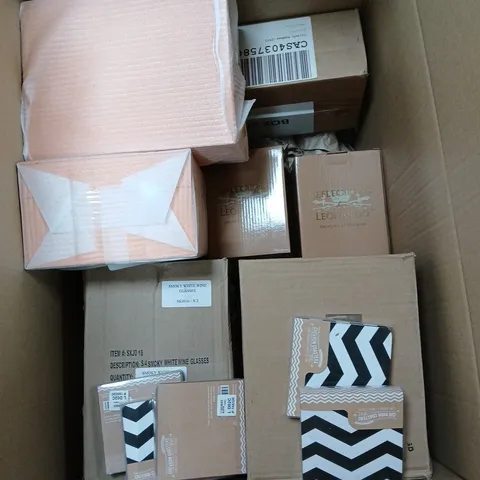 LARGE BOX OF APPROXIMATELY 12 ASSORTED HOUSEHOLD GOODS TO INCLUDE COASTERS, WINE GLASSES, AND JEWELLERY BOXES ETC. 