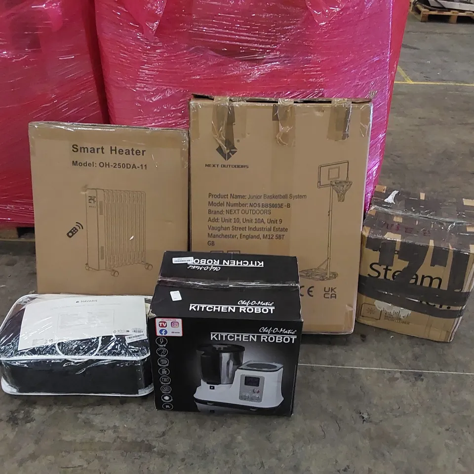 PALLET OF ASSORTED ITEMS INCLUDING: KITCHEN ROBOT, SMART HEATER, BASKET BALL NET, ELECTRIC BLANKET, STEAM CLEANER 