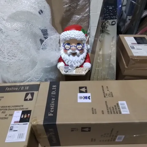 LARGE QUANTITY OF ASSORTED SEASONAL ITEMS TO INCLUDE MOTHER PENGUIN LIGHT, MR & MRS CLAUS FIGURINES AND CONE TREE