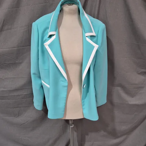 PERSONAL CHOICE TURQUOISE BLAZER WITH WHITE PIPING – WOMEN'S TAILORED JACKET
