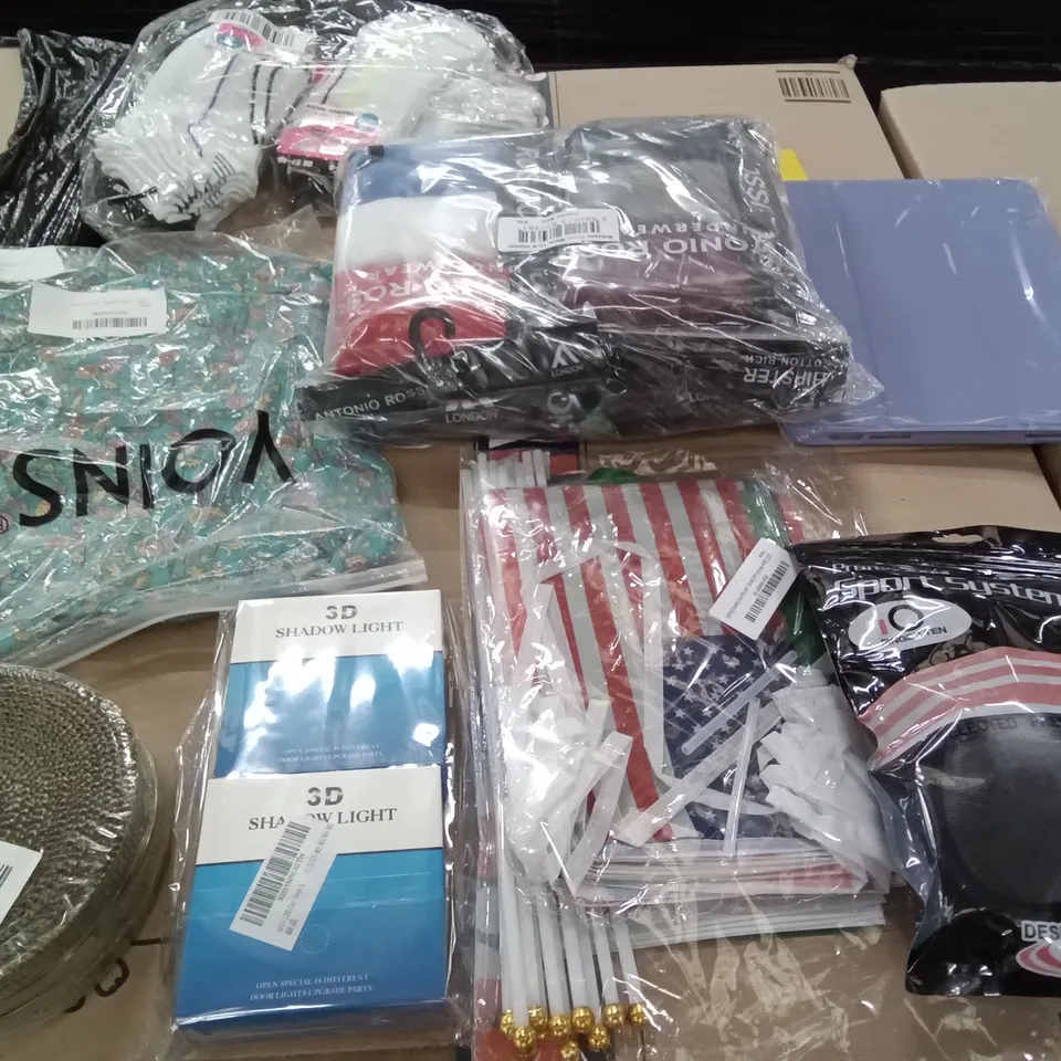 PALLET OF ASSORTED ITEMS INCLUDING LED CAR DOOR LIGHT, QATAR WORLD CUP 2022 DECORATIONS, FINGER TEN PORTABLE GOLF BALL BAG, LAVENDER TABLET CASE, SPORTS ZONE 4PK SOCKS BUNDLE 
