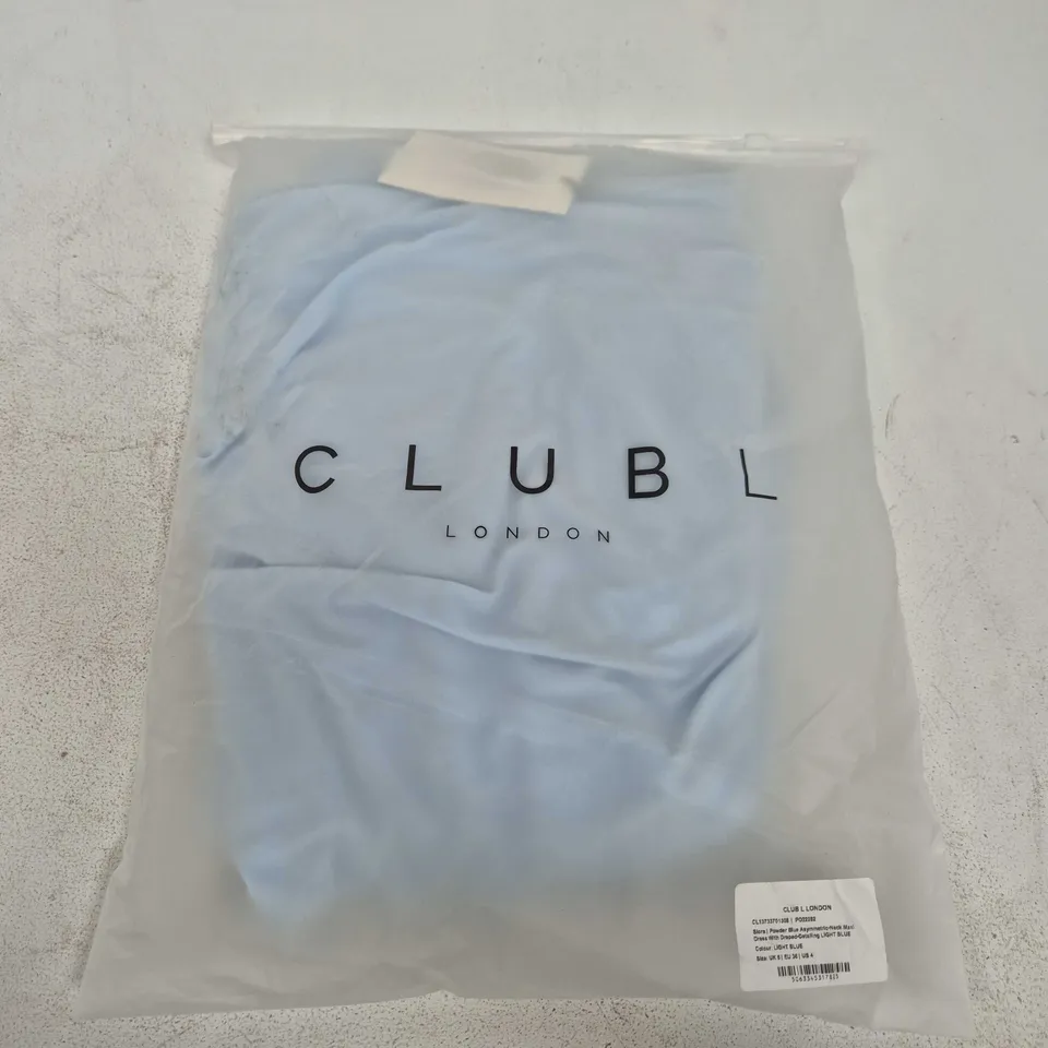 BAGGED CLUB L SLORA POWDER BLUE ASYMMETRIC NECK MAXI DRESS WITH DRAPED DETAILING - UK 8