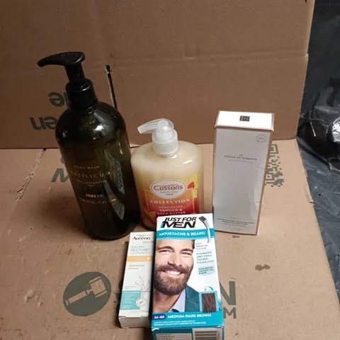 TOTE OF APPROXIMATELY 25 ASSORTED COSMETIC ITEMS TO INCLUDE JUST FOR MEN, ZARAHOME BODY WASH, AVEENO LOTION SPF 50, THE RITUAL OF NAMASTE PURIFY, CUSSONS HAND WASH ETC