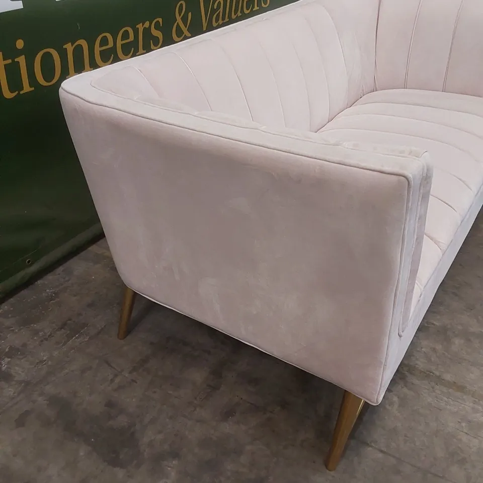 DESIGNER PLUSH PINK VELVET UPHOLSTERED SOFA WITH GOLD LEGS 