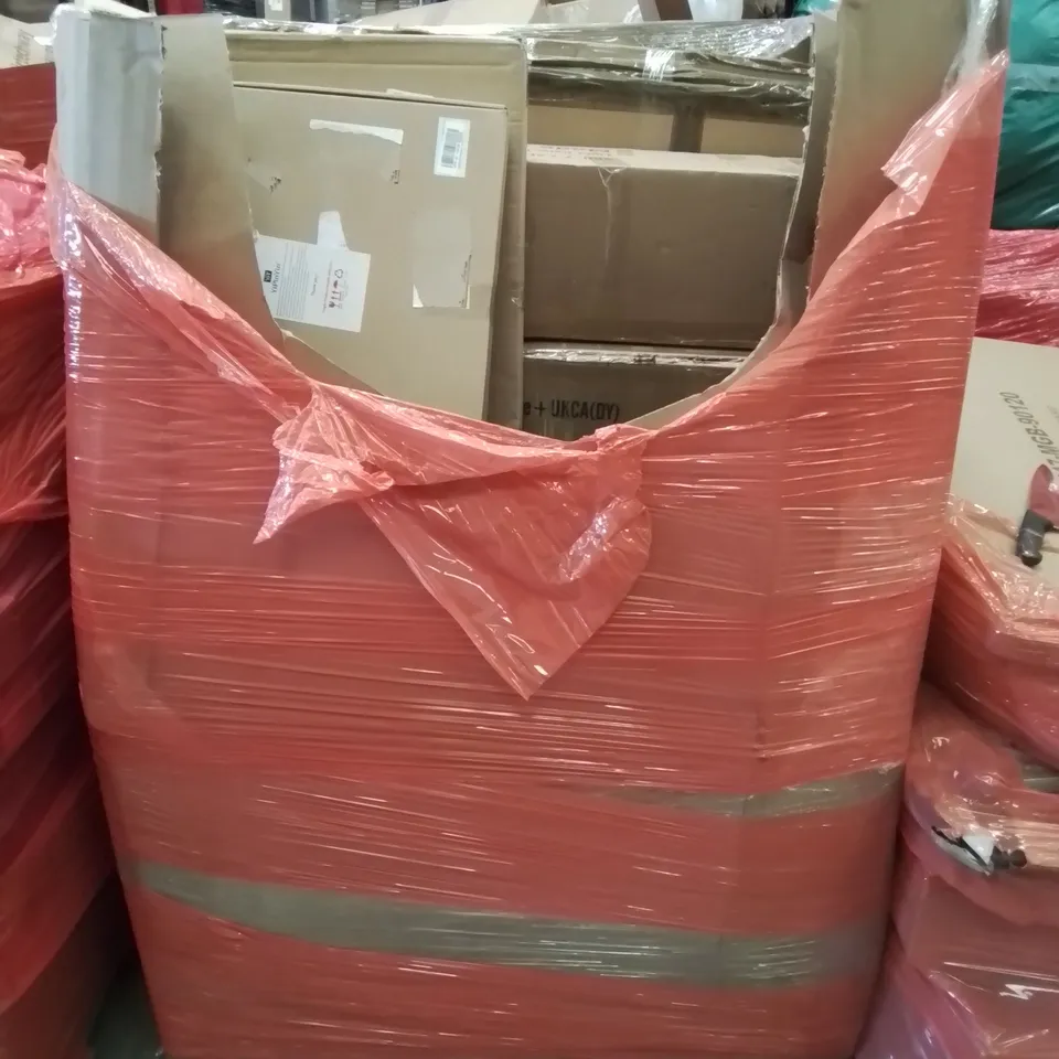 PALLET CONTAINING VARIOUS ASSORTED BOXED HOUSEHOLD ITEMS TO INCLUDE: SEVERAL CHRISTMAS TREES, ARTIFICIAL LAWN TOLL, SHOE RACK ETC.