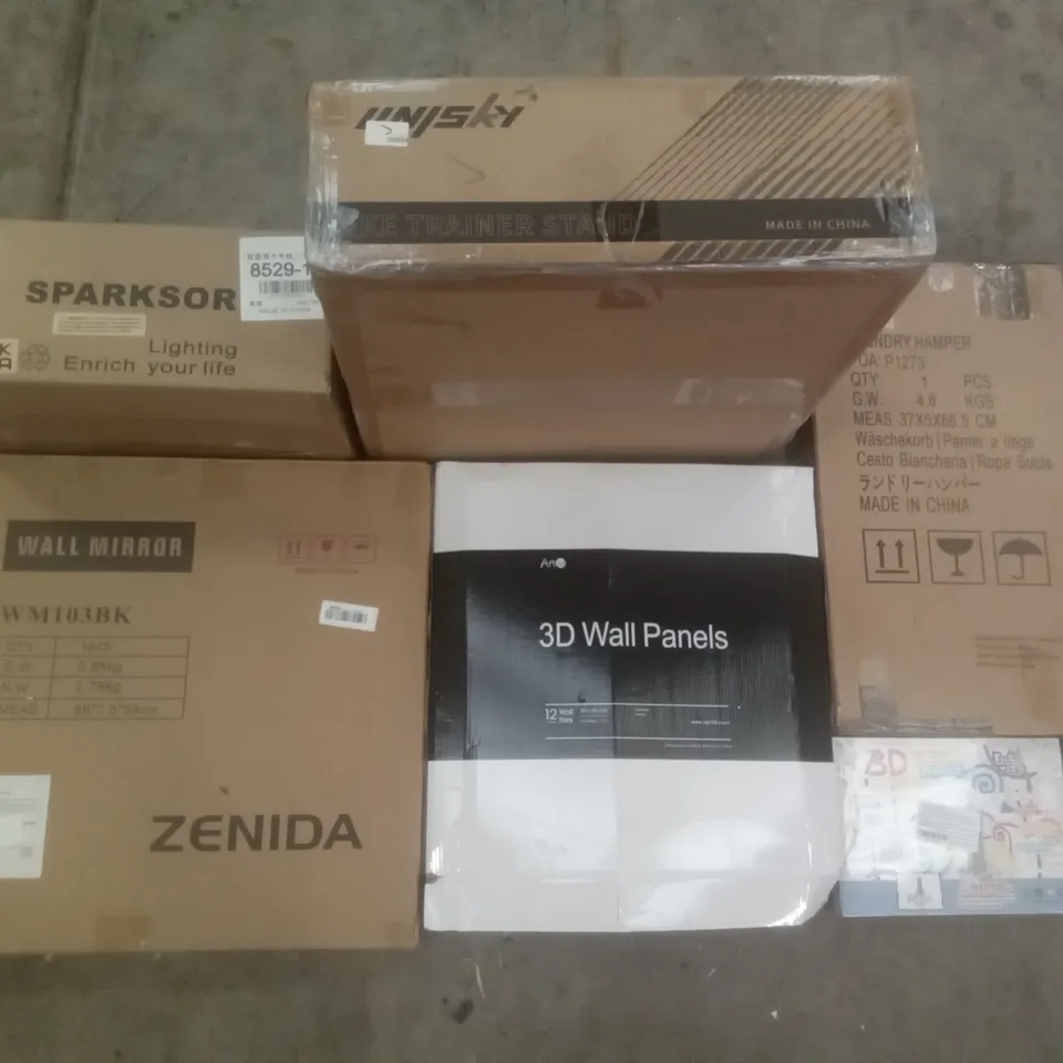 PALLET OF ASSORTED ITEMS INCLUDING 3D WALL PANELS, WALL MIRROR, BIKE TRAINER STAND, LAUNDRY HAMPER, 3D COLOURING PUZZLE, SPARKSOR PENDANT LIGHT
