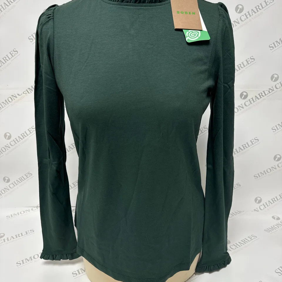 BODEN FRILL NECK LONG SLEEVED TOP IN FOREST GREEN SIZE 8