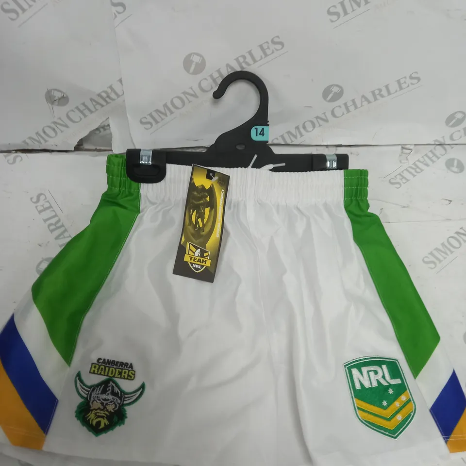 BOYS SIZE 14 RAIDERS SUPPORTER WHITE SHORTS 