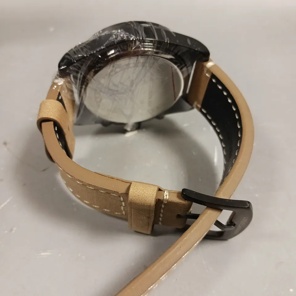 MENS LOUIS LACOMBE CHRONGRAPH WATCH – 3 SUB DIALS – BLACK CASE – LEATHER STRAP