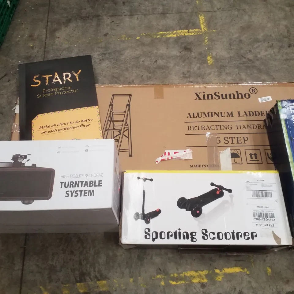 PALLET CONTAINING ASSORTED PRODUCTS INCLUDING ALUMINIUM LADDER, PROFESSIONAL SCREEN PROTECTOR, TURNTABLE SYSTEM, SCOOTER & TILE CUTTER