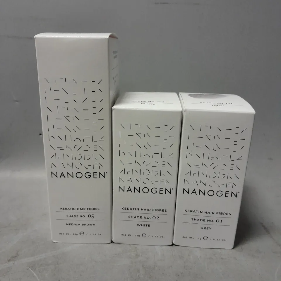 3 NANOGEN KERATIN HAIR FIBRES #05 MEDIUM BROWN 30G, 02 WHITE 15G, 01 GREY 15G