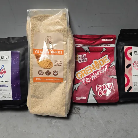 APPROXIMATELY 7 ASSORTED FOOD & DRINK ITEMS TO INCLUDE - GRENADE PRE WORKOUT CHERRY BOMB , YEAST FLAKES , MELETIUS SPREAD THE LOVE ETC