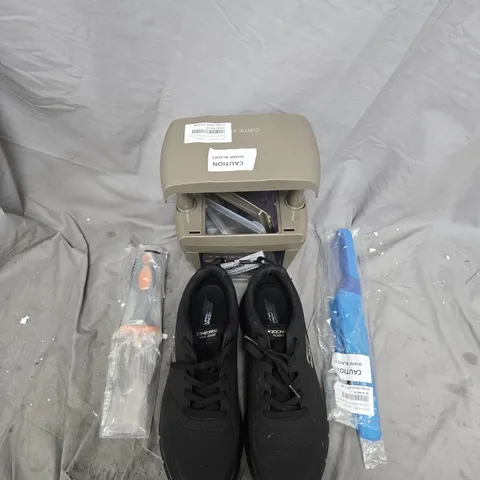 LARGE QUANTITY OF ASSORTED ITEMS TO INCLUDE SKETCHERS SHOES, PAIR OF KNIVES, CURTIS STONE CHOP CHOP, SOIL KNIFE, ETC - COLLECTION ONLY