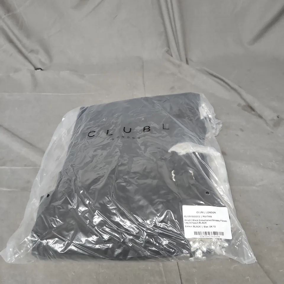 CLUB LONDON AMADI BLACK EMBELLISHED STRAPPY FLARED-LEG JUMPSUIT – UK 12