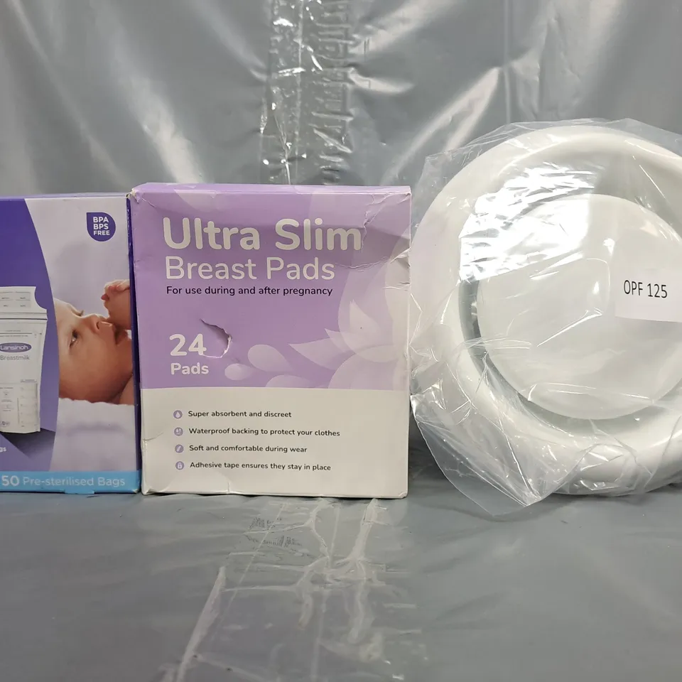 APPROXIMATELY 8 ASSORTED HOUSEHOLD ITEMS TO INCLUDE BREASTMILK STORAGE BAGS, ULTRA SLIM BREAST PADS, ETC