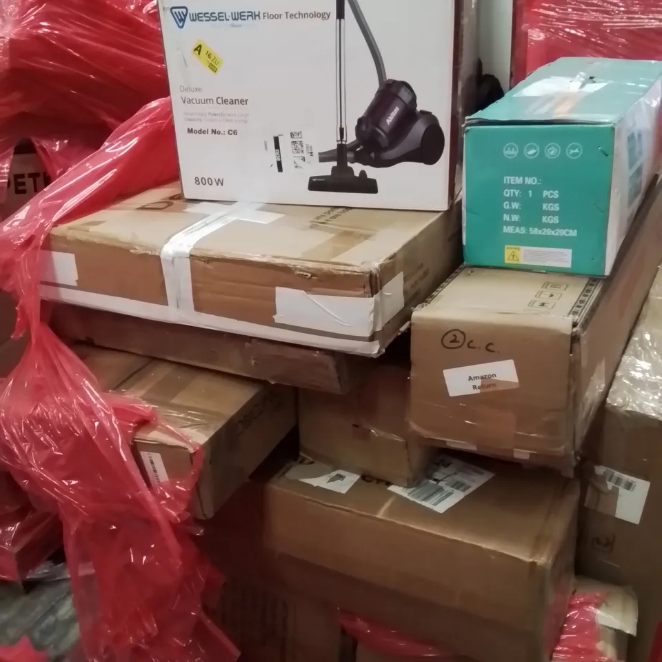 PALLET CONTAINING VARIOUS ASSORTED BOXED HOUSEHOLD ITEMS TO INCLUDE: OFFICE CHAIR, BABYS PLAYPEN, VACUUM CLEANERS,CAMPING CHAIR AND LOTS MORE UNMARKED BOXED ITEMS 