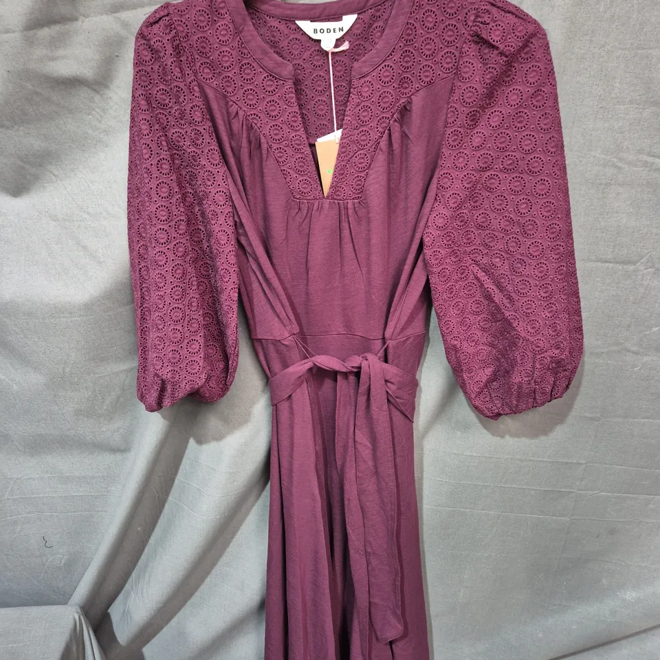 BODEN WOMEN'S DRESS – PURPLE EYELET PUFF SLEEVES WITH WAIST TIE - SIZE 12 R
