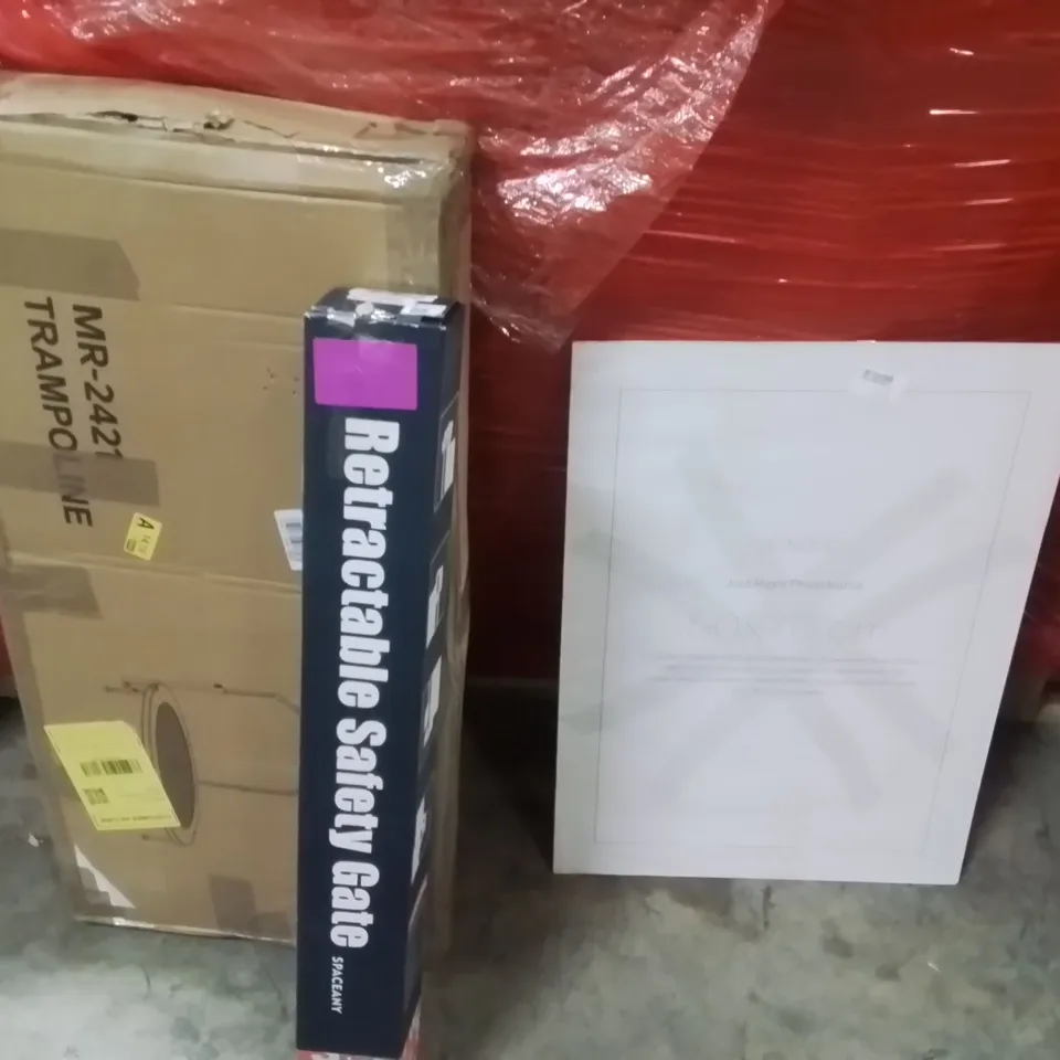 PALLET OF ASSORTED HOUSEHOLD GOODS AND PRODUCTS TO INCLUDE;RETRACTABLE SAFETY GATE,TRAMPOLINE,PHOTO FRAME