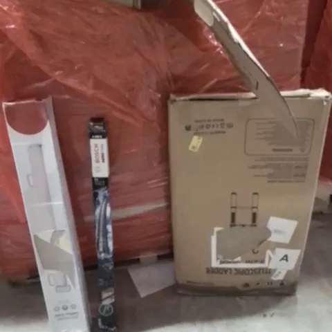 PALLET OF ASSORTED HOUSEHOLD GOODS AND PRODUCTS TO INCLUDE;TELESCOPIC LADDER,RETRACTABLE SAFETY GATE,BOSCH WINDOW WIPERS 