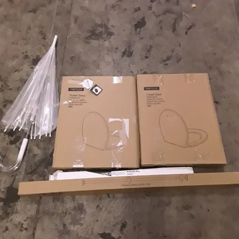 PALLET OF ASSORTED PRODUCTS TO INCLUDE; TOILET SEAT - CLEAR UMBRELLA- GABBITGOO WINDOW FILM ECT