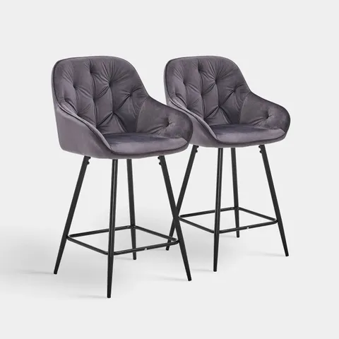 BOXED PAIR OF GARVIES GREY VELVET BARSTOOLS