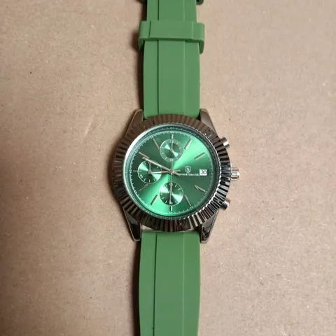 BOXED SCHWARTZBAUER CHRONOGRAPH WRISTWATCH – GREEN DIAL AND SILICONE STRAP