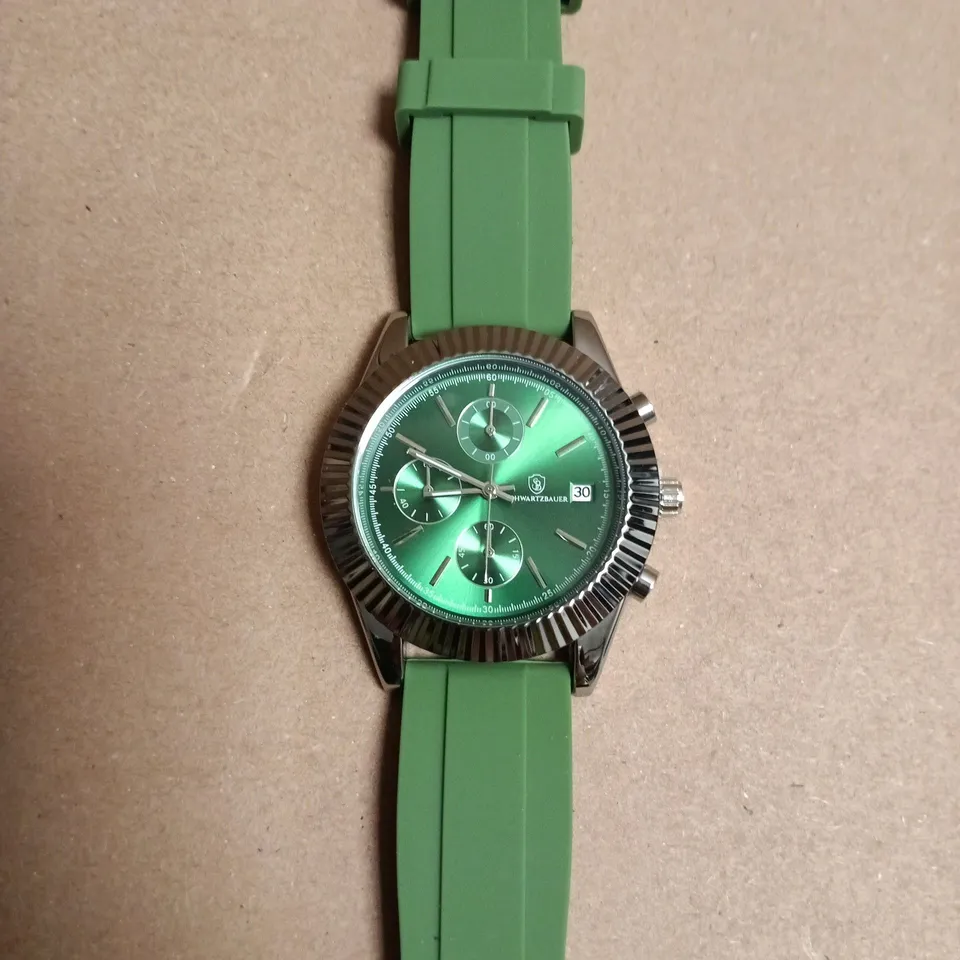 BOXED SCHWARTZBAUER CHRONOGRAPH WRISTWATCH – GREEN DIAL AND SILICONE STRAP