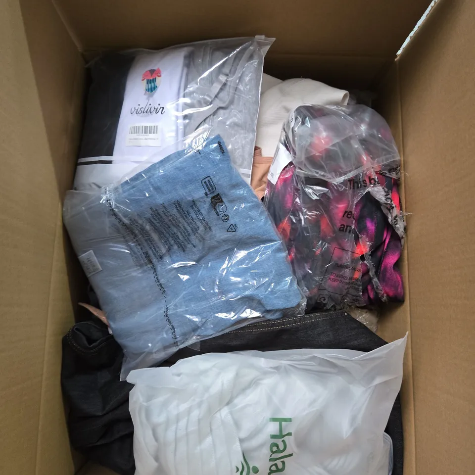 LARGE BOX OF ASSORTED CLOTHING ITEMS IN VARIOUS SIZES, STYLES AND COLOUR 