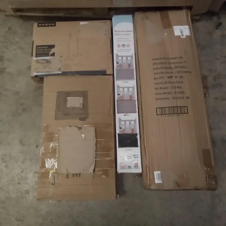 PALLET OF ASSORTED ITEMS INCLUDING  SANUS ADJUSTABLE HEIGHT SPEAKER STANDS, REDFIT GREENHOUSE, RETRACTABLE SAFETY GATE, ACCSTORE NON-WOVEN FABRIC WARDROBE, 2 TIER CHROME SHOE RACK, HEATED BLANKET 