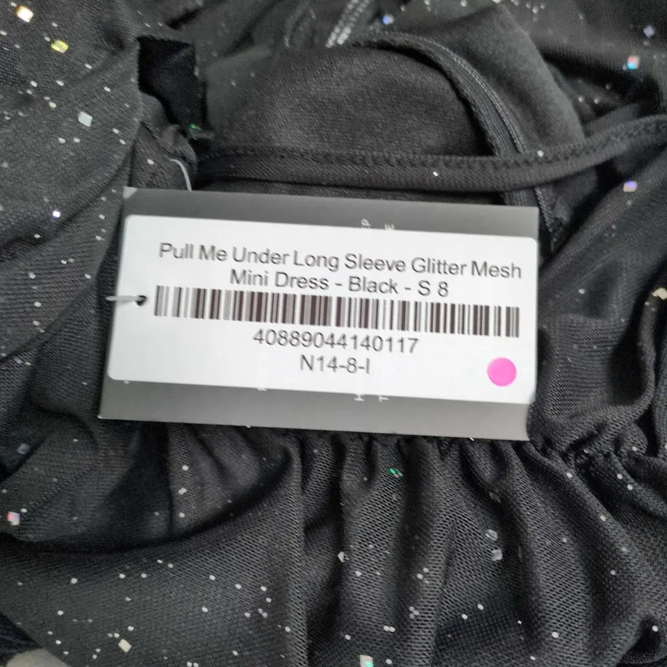 PULL ME UNDER LONG SLEEVE GLITTER MESH MINI DRESS – BLACK – UK 8 (S 8)